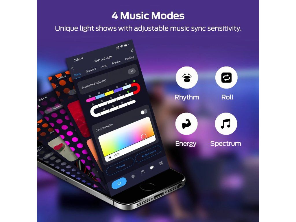 Čtyři hudební režimy v aplikaci Tuya: Rhythm, Roll, Energy a Spectrum