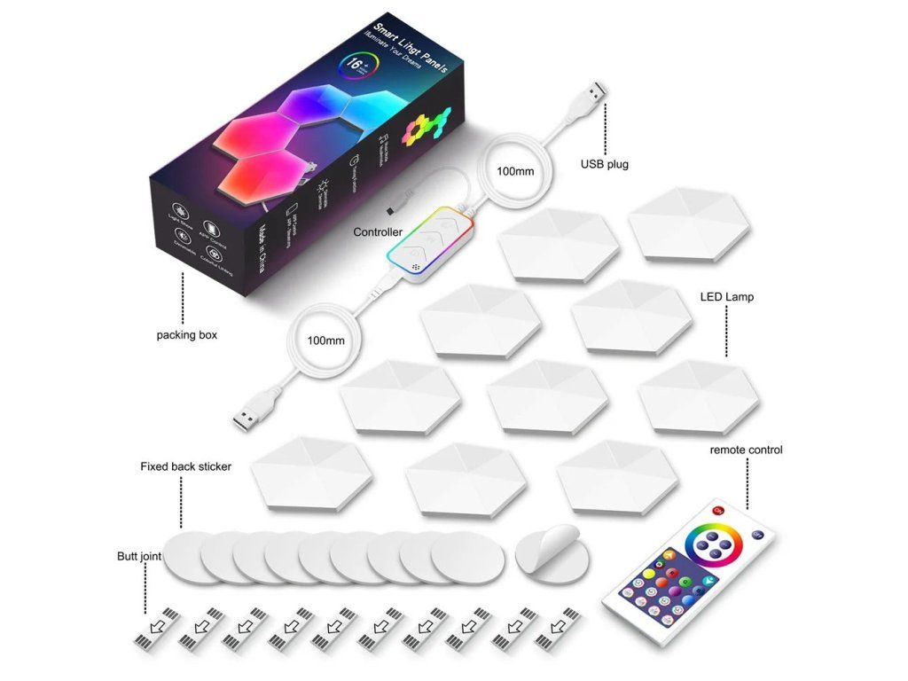 Obsah balení – 10 panelů, ovladač, USB kabel, dálkový ovladač, propojky a lepicí podložky
