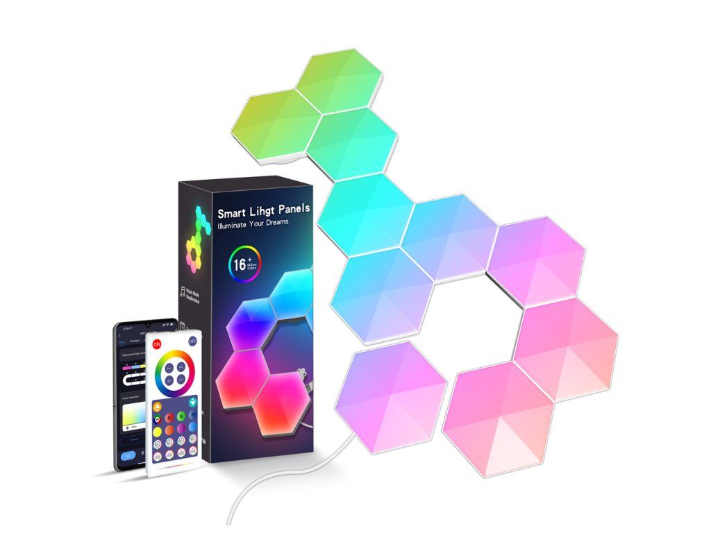 Hexagonové LED panely Tuya s krabicí, telefonem a dálkovým ovladačem
