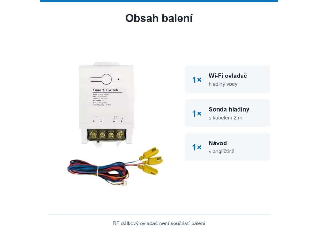 Obsah balení – ovladač, sonda hladiny a návod