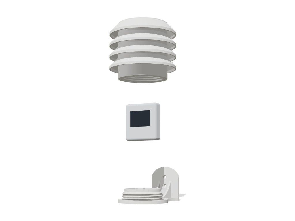 Rozložená sestava – základna, čidlo 46 × 46 mm a kryt