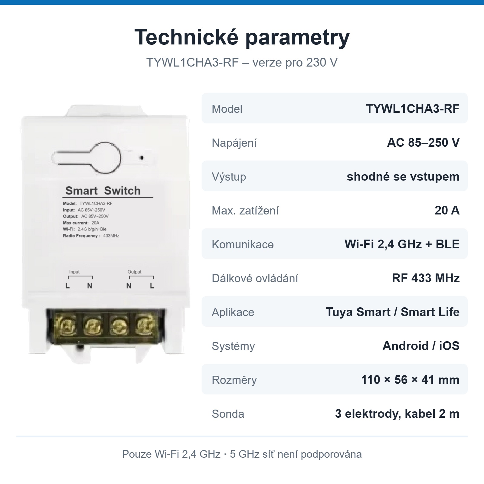 Technické parametry ovladače TYWL1CHA3-RF